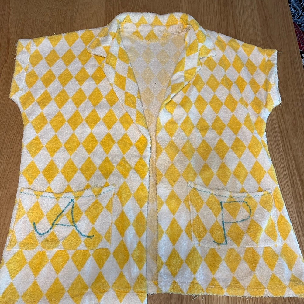 Vintage Terry Cloth Open Front Top Yellow and White Argyle Diamond Checkered